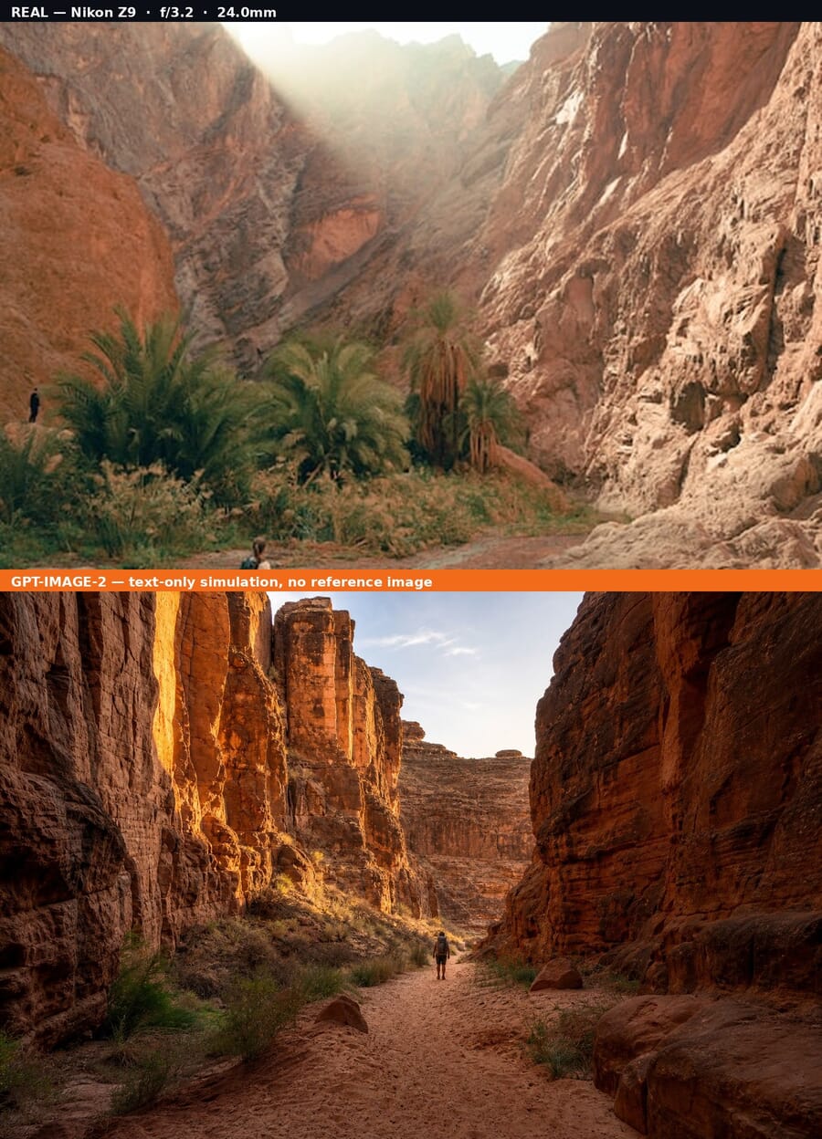 Comparison: real Nikon Z9 photo (top) vs gpt-image-2 text-only simulation (bottom), Journey Through the Desert Canyon scene