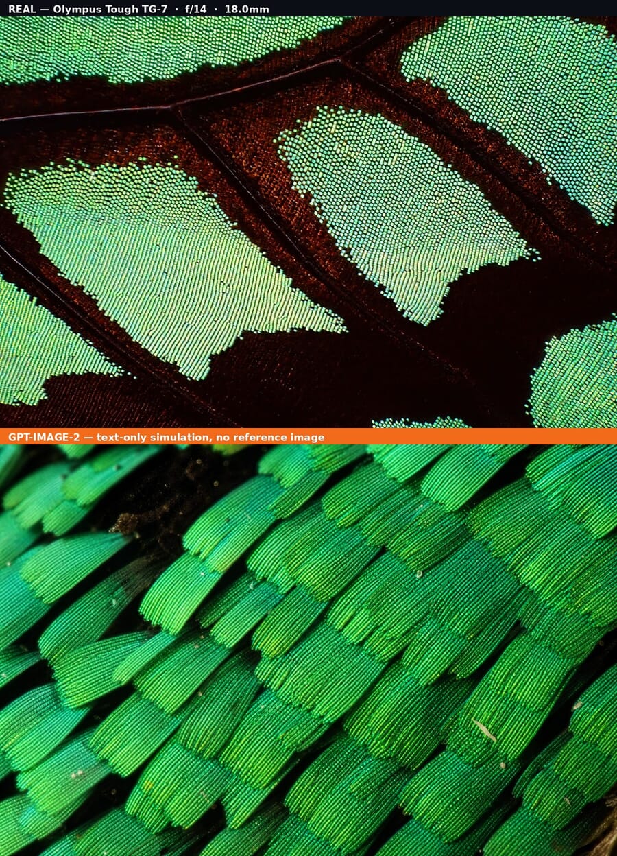 Comparison: real Olympus Tough TG-7 photo (top) vs gpt-image-2 text-only simulation (bottom), Emerald Lattice: Macro Portrait of a Butterfly Wing's Green Scales scene