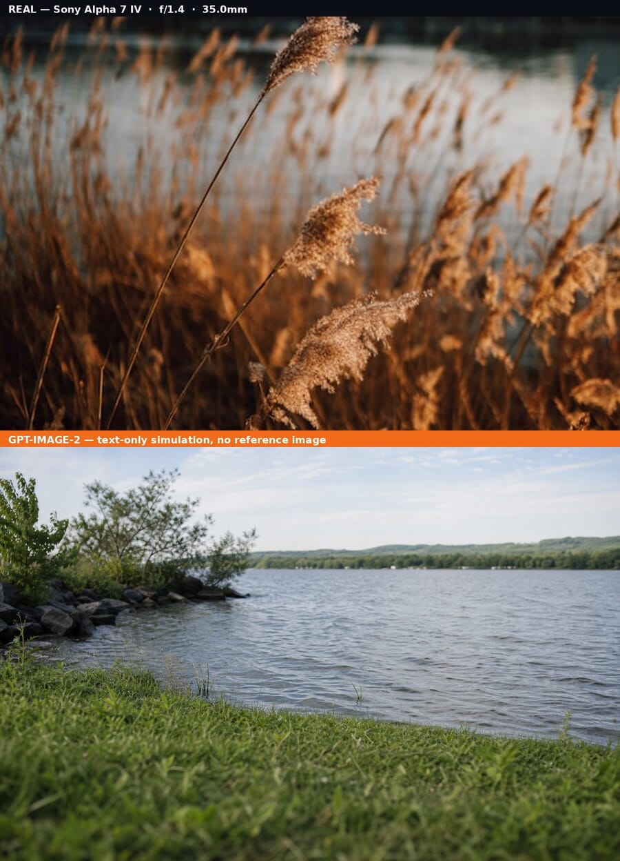 Comparison: real Sony Alpha 7 IV photo (top) vs gpt-image-2 text-only simulation (bottom), a view of a body of water from a grassy area scene