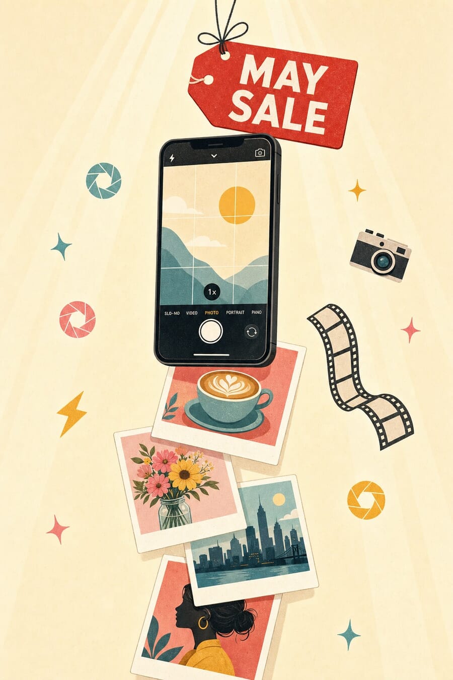 Woman taking iPhone photos at a flower market — May Mega Sale promotional image