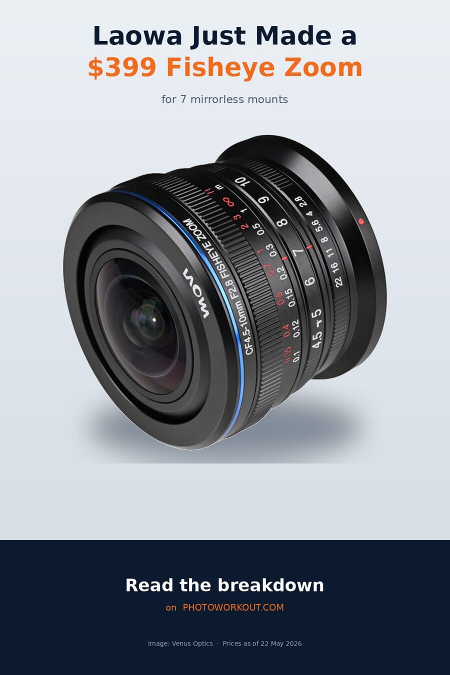 Laowa 4.5-10mm f/2.8 CF APS-C fisheye zoom lens, vertical product portrait