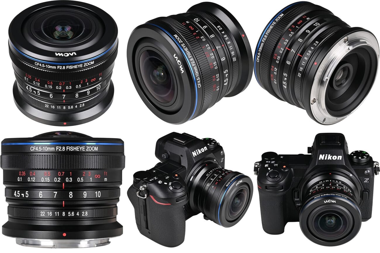 Venus Optics Laowa 4.5-10mm f/2.8 CF fisheye zoom lens, six product views including the lens alone from front, side, and back angles, and the lens mounted on a Nikon Z body