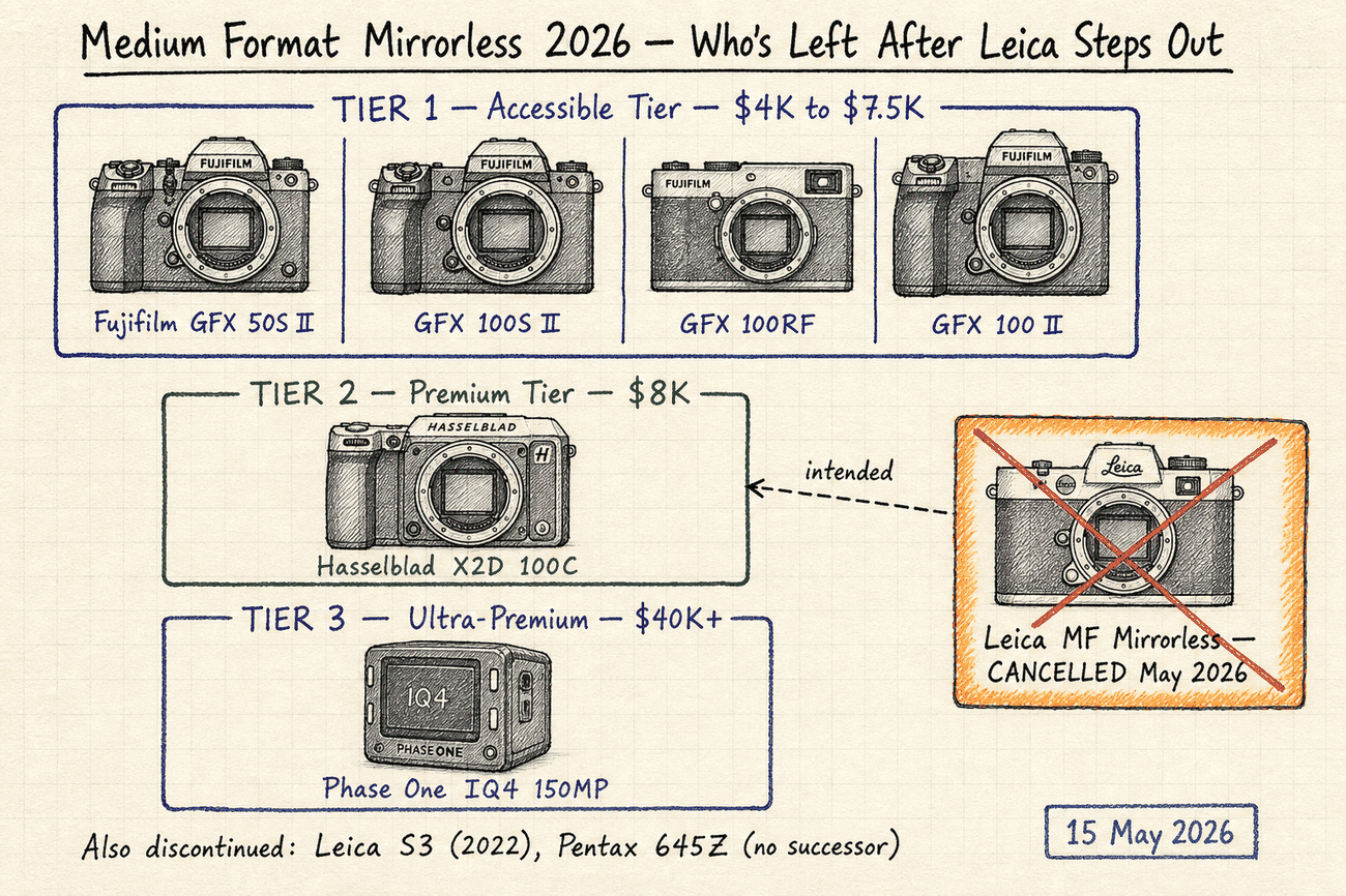 Hand-drawn editorial sketch infographic: the 2026 medium format mirrorless market split into three price tiers, with Leica MF Mirrorless marked CANCELLED in an orange box pointing back to where it was intended to sit in the Premium Tier