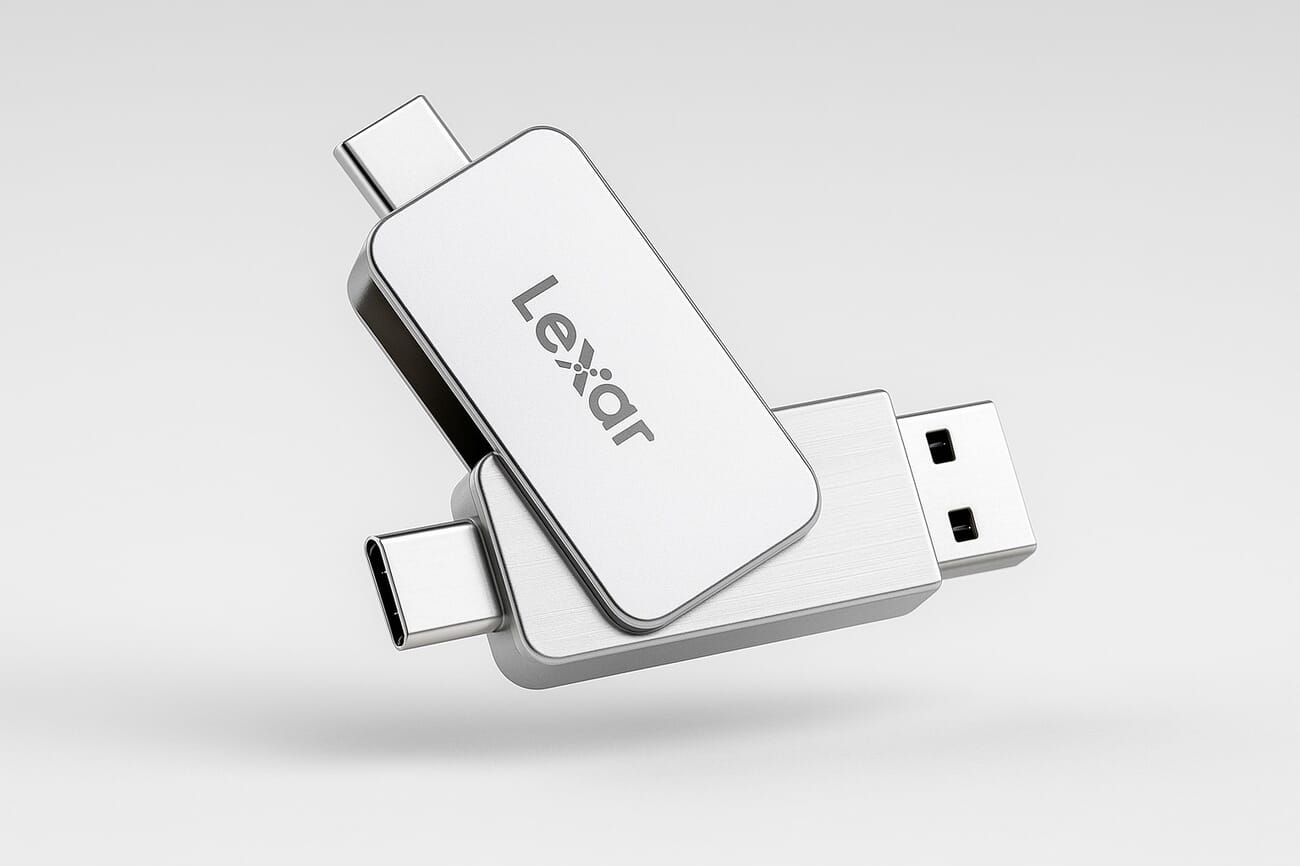 Lexar D70E 2TB SSD thumb drive showing dual USB-C and USB-A connectors
