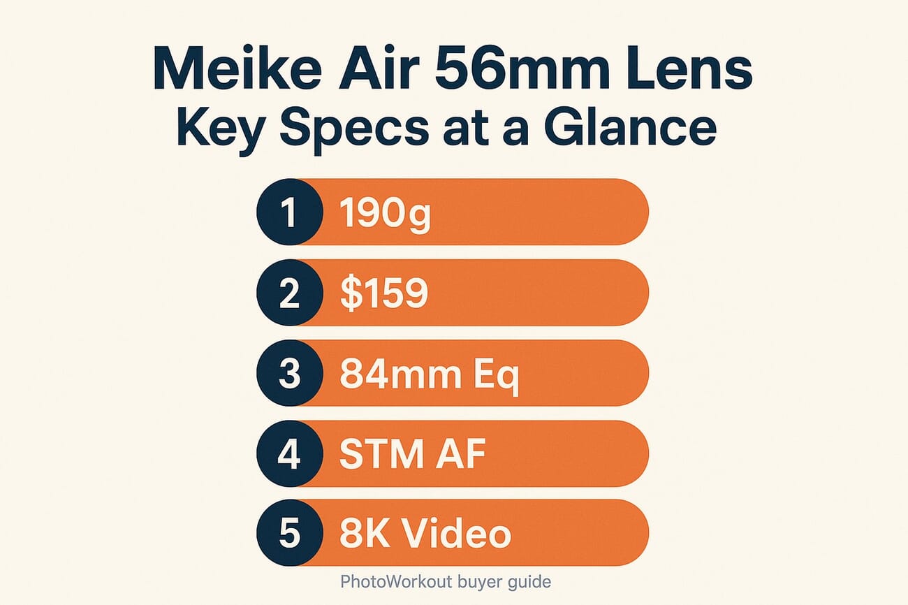 Meike Air AF 56mm f/1.7 key specs infographic — 190 grams, $159, 84mm full-frame equivalent, STM autofocus, 8K video capable