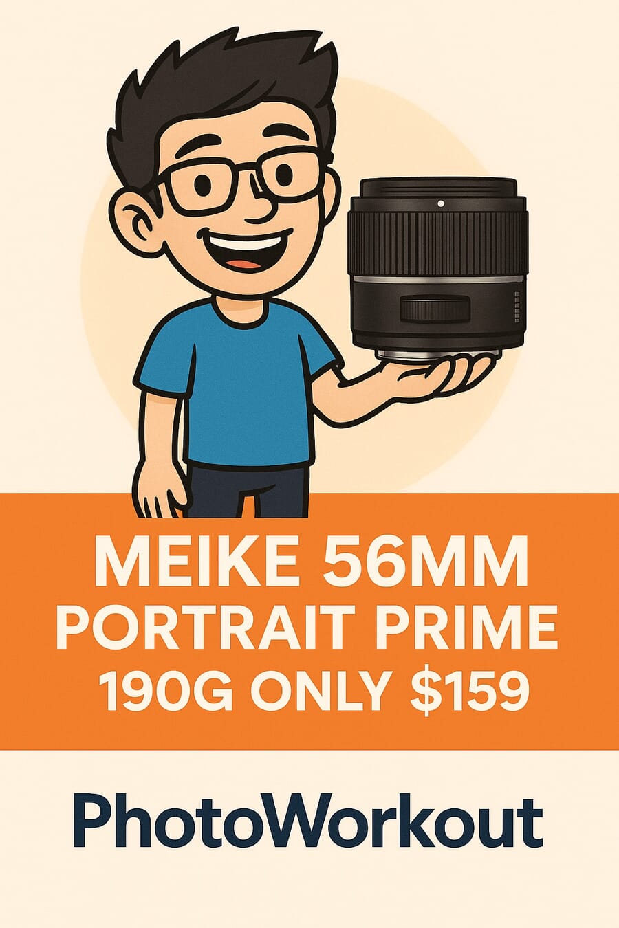 Pinterest pin — Meike Air 56mm portrait prime, 190g and $159, with the PhotoWorkout mascot holding the lens