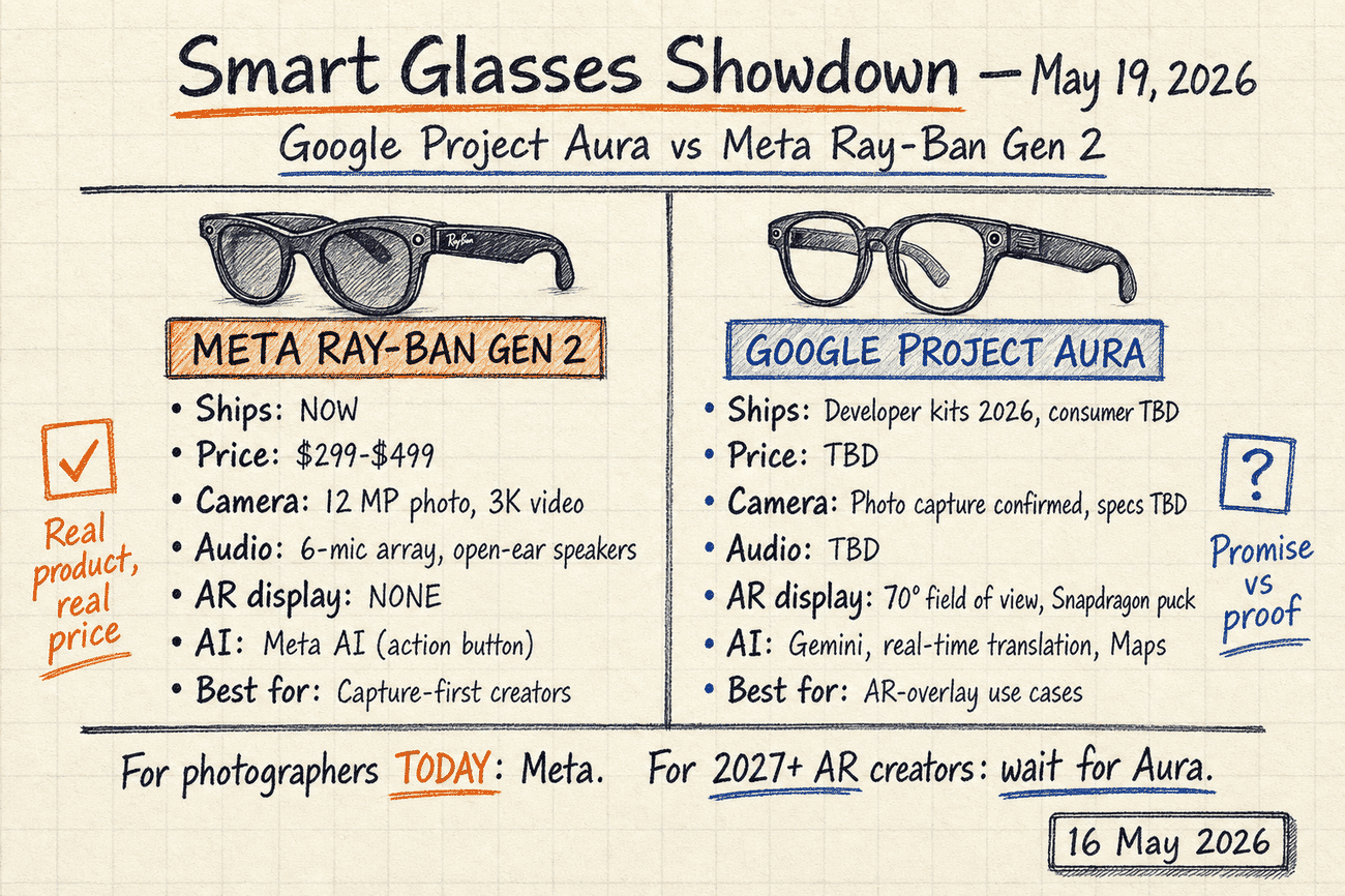 Side-by-side editorial sketch comparing Google Project Aura (developer kits 2026, consumer TBD, 70-degree AR display, Gemini integration) against Meta Ray-Ban Gen 2 (shipping now, $299-$499, 12 MP camera, 3K video, 6-mic array, Meta AI)