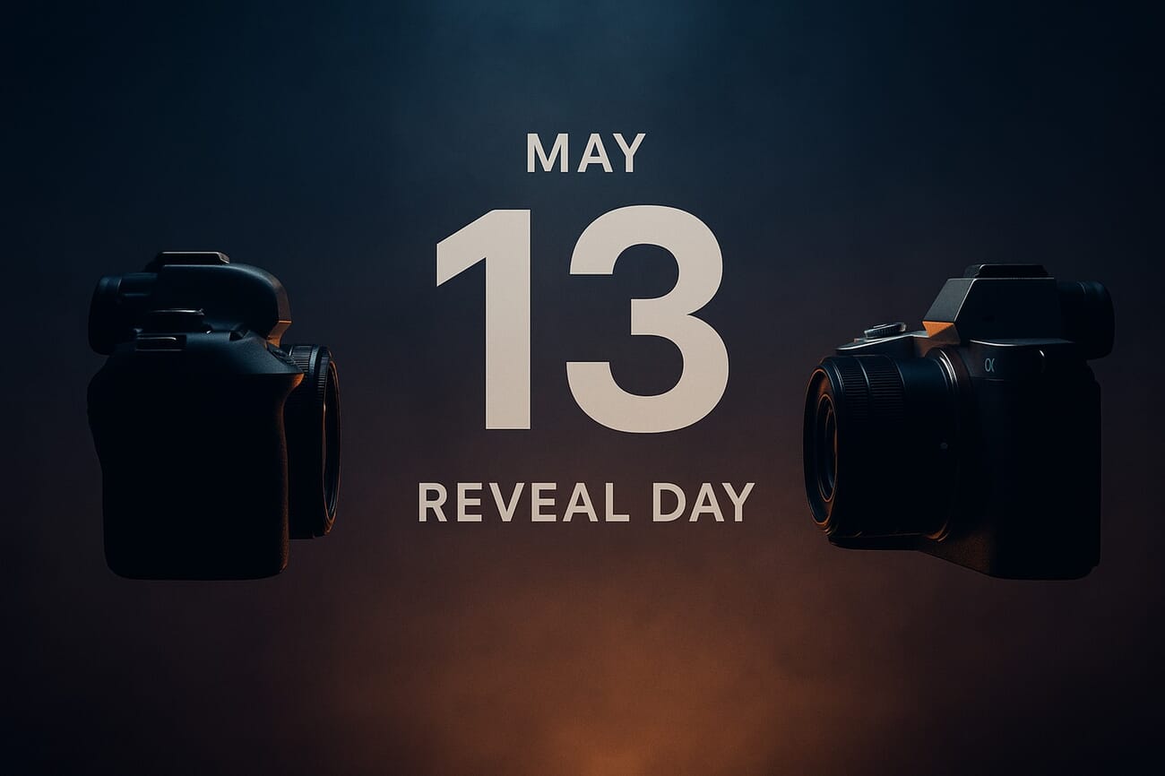 Two camera silhouettes facing each other on May 13 — Sony R-series and Canon dual reveal day