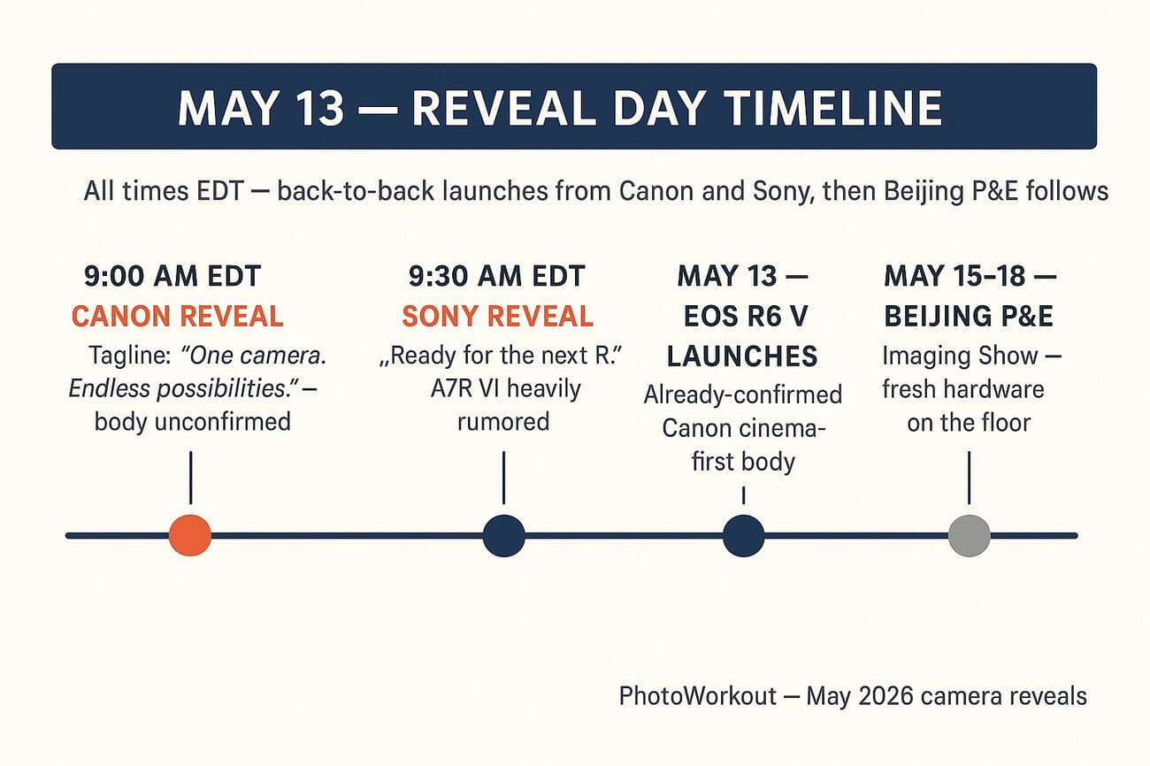 Timeline of May 13 camera reveals — Canon 9 AM EDT, Sony 9:30 AM EDT, EOS R6 V launches, Beijing P&E May 15-18