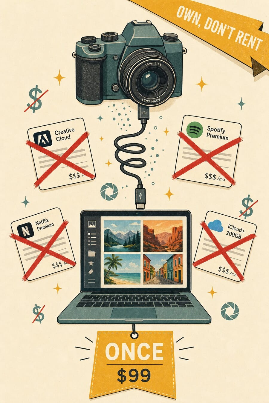 Vertical illustration: own-don't-rent tethering pin showing camera, laptop, and crossed-out subscription cards