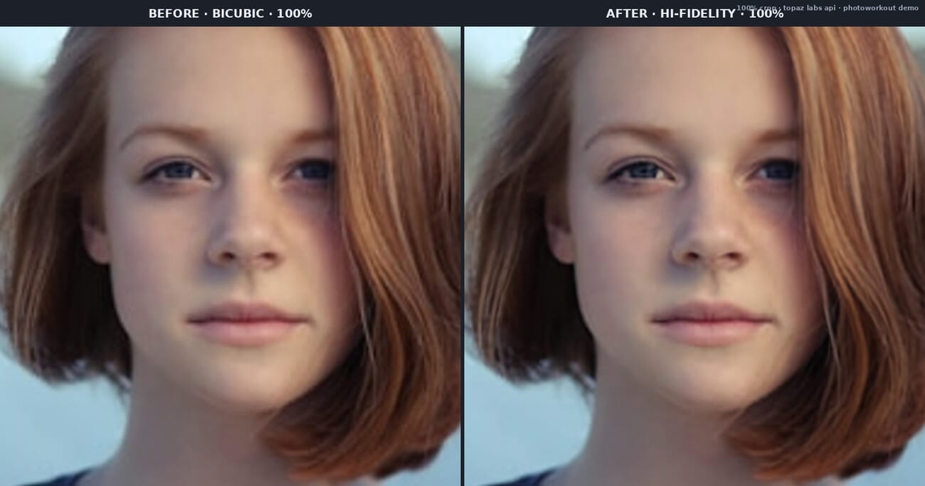 100% crop before and after High Fidelity 4× upscale: bicubic on the left blurs the texture, Topaz preserves it on the right
