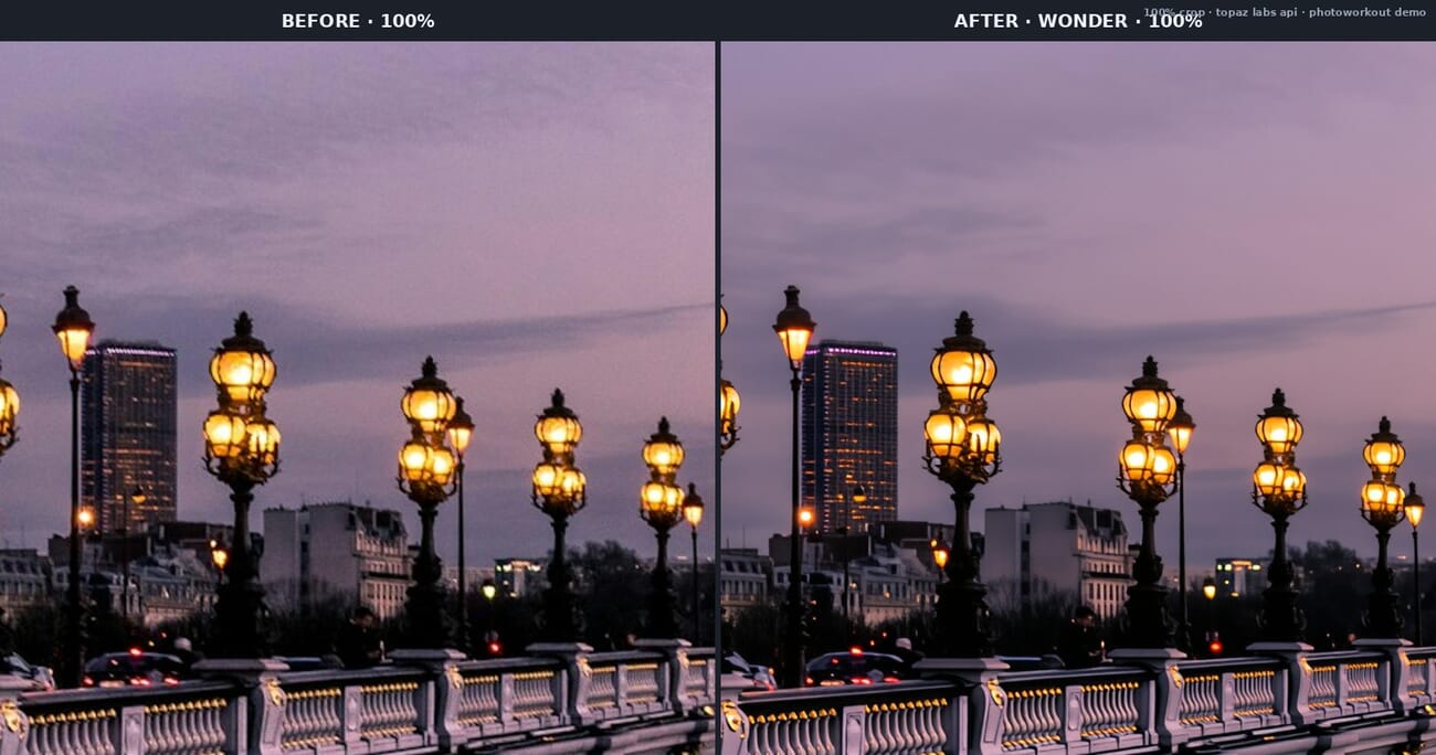 100% crop before and after Wonder enhance: bicubic upscale on the left, Topaz Wonder on the right showing recovered micro-detail