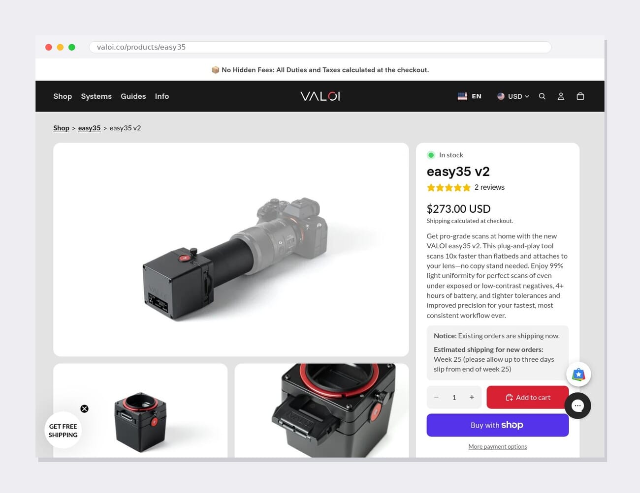The Valoi easy35 v2 listed on Valoi's online store at $273 USD, in stock.