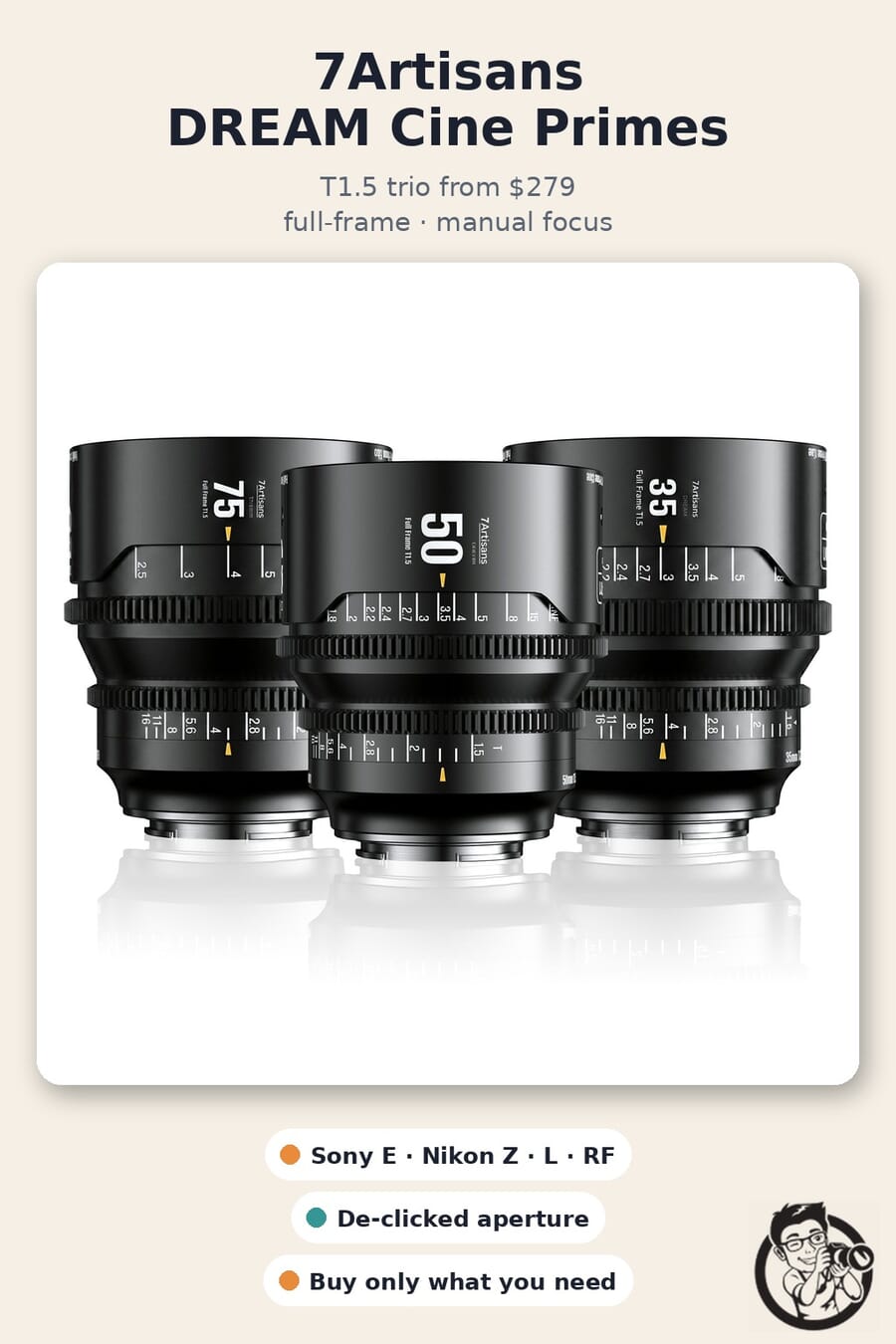7Artisans DREAM Cine Primes T1.5 trio for Sony E, Nikon Z, L and RF mounts