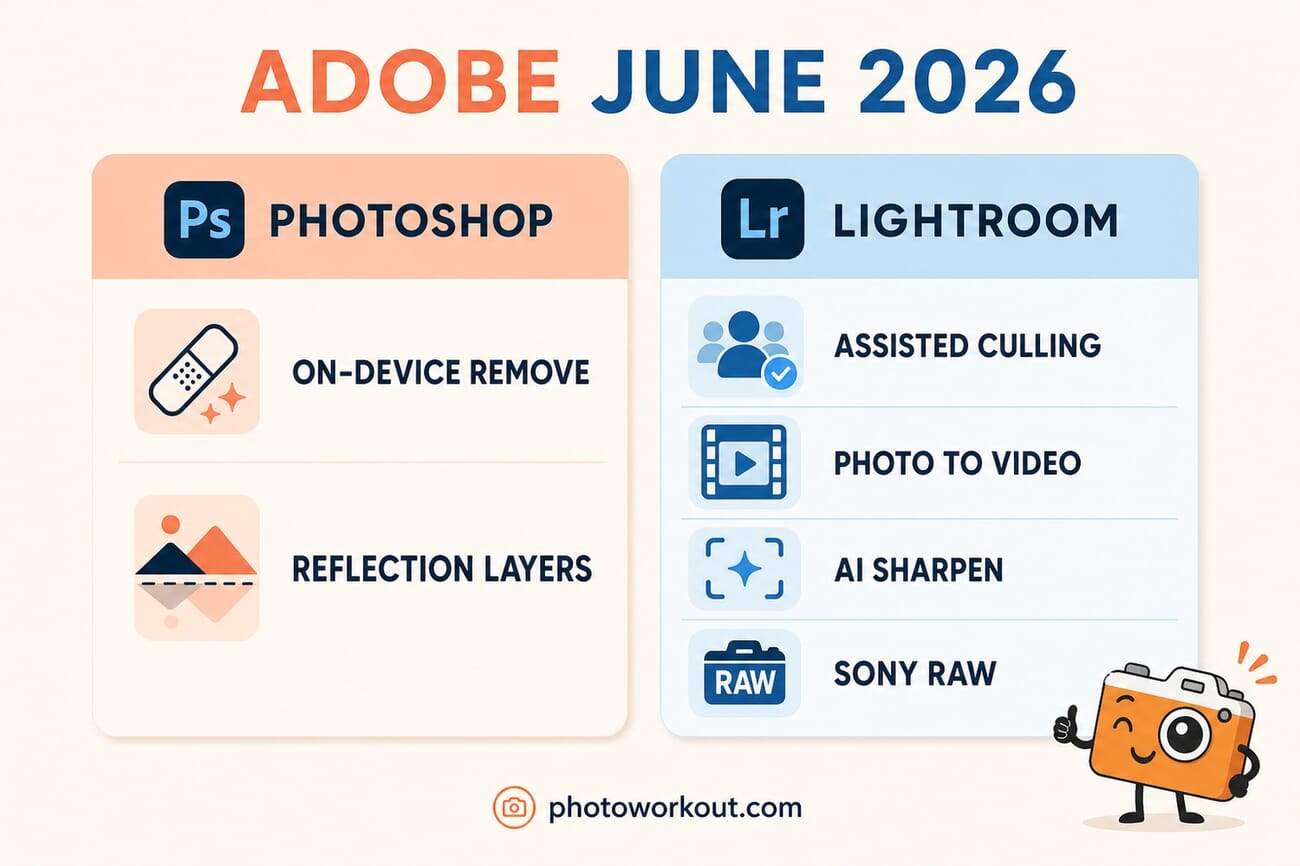 What's new in Adobe's June 2026 update: Photoshop on-device Remove Tool and reflection layers; Lightroom Assisted Culling, Photo to Video, AI Sharpen and Sony RAW