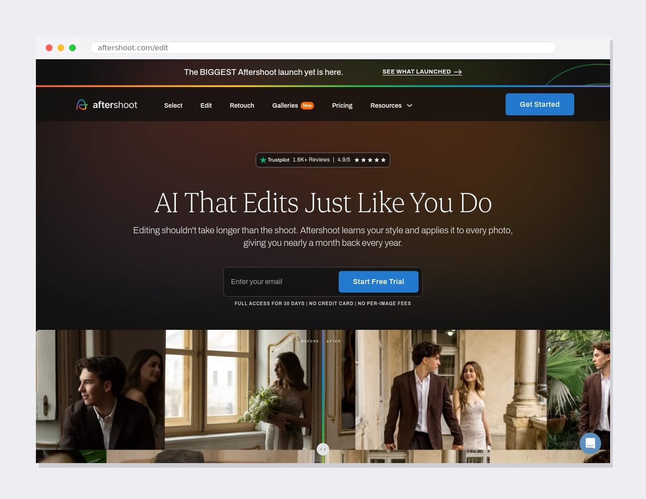 The Aftershoot Edit page — the all-in-one AI editing and RAW develop workspace.