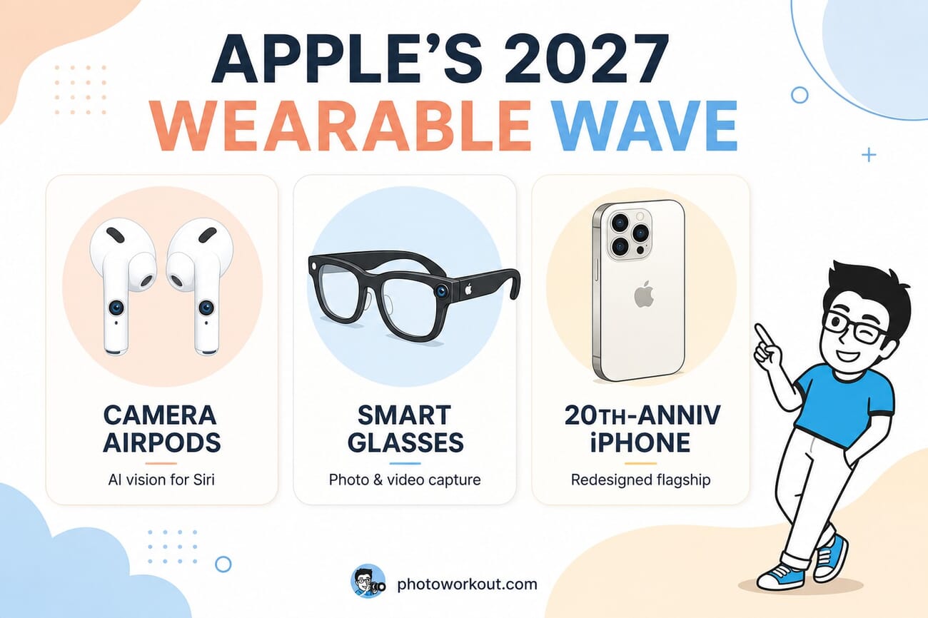 Apple's reported 2027 wearables: camera AirPods for AI vision, smart glasses with a photo and video camera, and a 20th-anniversary iPhone