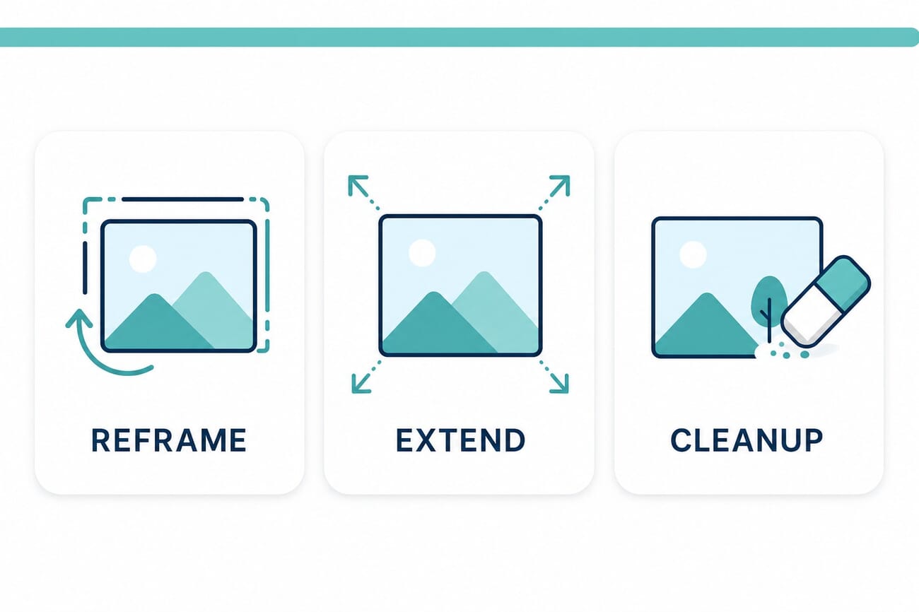 Infographic of Apple Photos' three new AI tools: Reframe shifts the angle, Extend adds canvas, Cleanup removes distractions