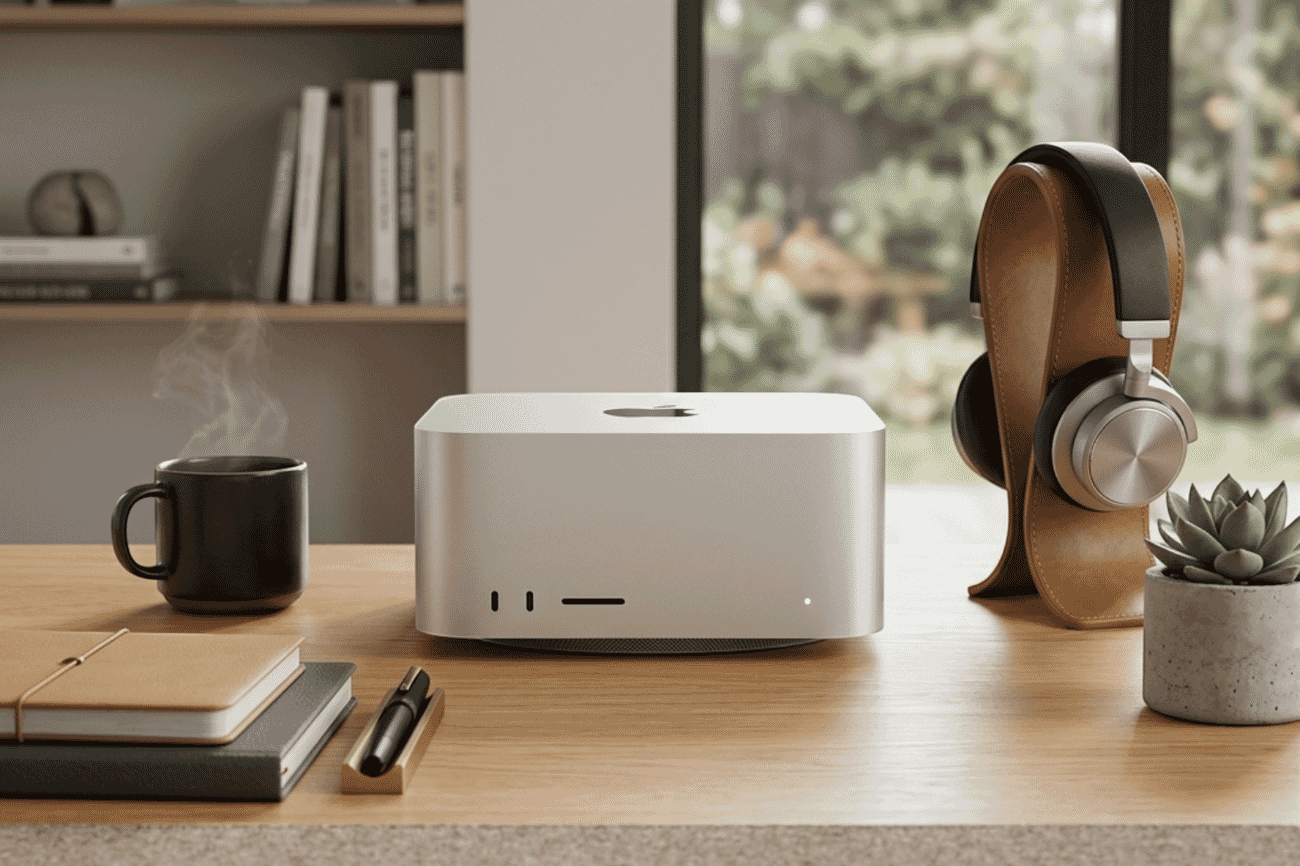 A silver Mac Studio on a wooden desk beside studio headphones and a coffee mug