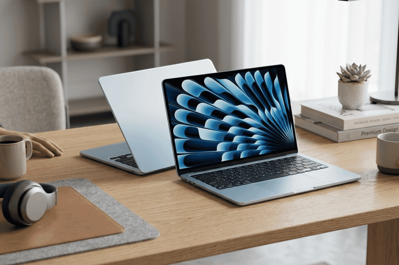 A sky-blue MacBook Air open on a desk in front of a city skyline view