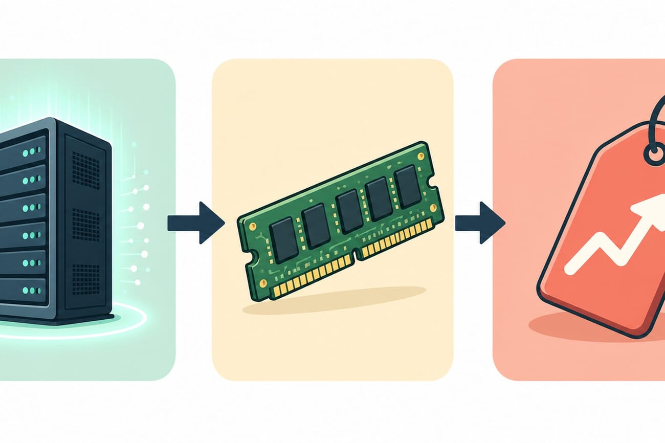Diagram showing an AI server rack leading to a memory chip leading to a rising price tag