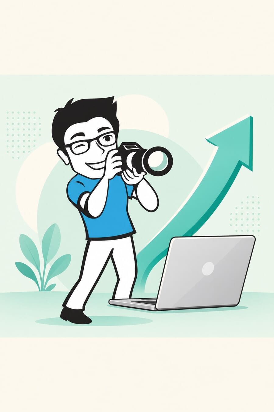 PhotoWorkout illustration of a photographer with a DSLR beside a laptop and a rising price arrow