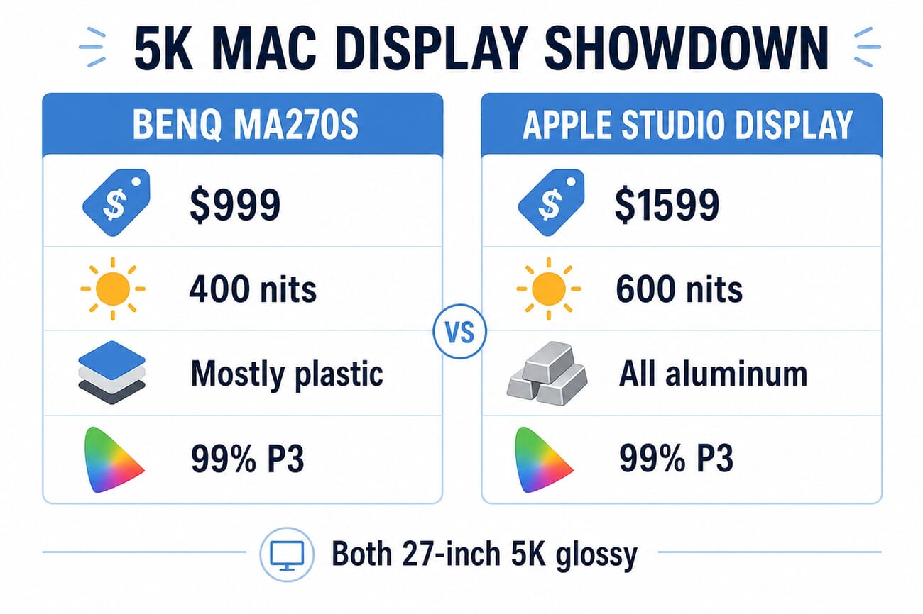 Comparison of the BenQ MA270S and Apple Studio Display: 999 vs 1599 dollars, 400 vs 600 nits, plastic vs aluminum, both 27-inch 5K glossy with 99 percent P3