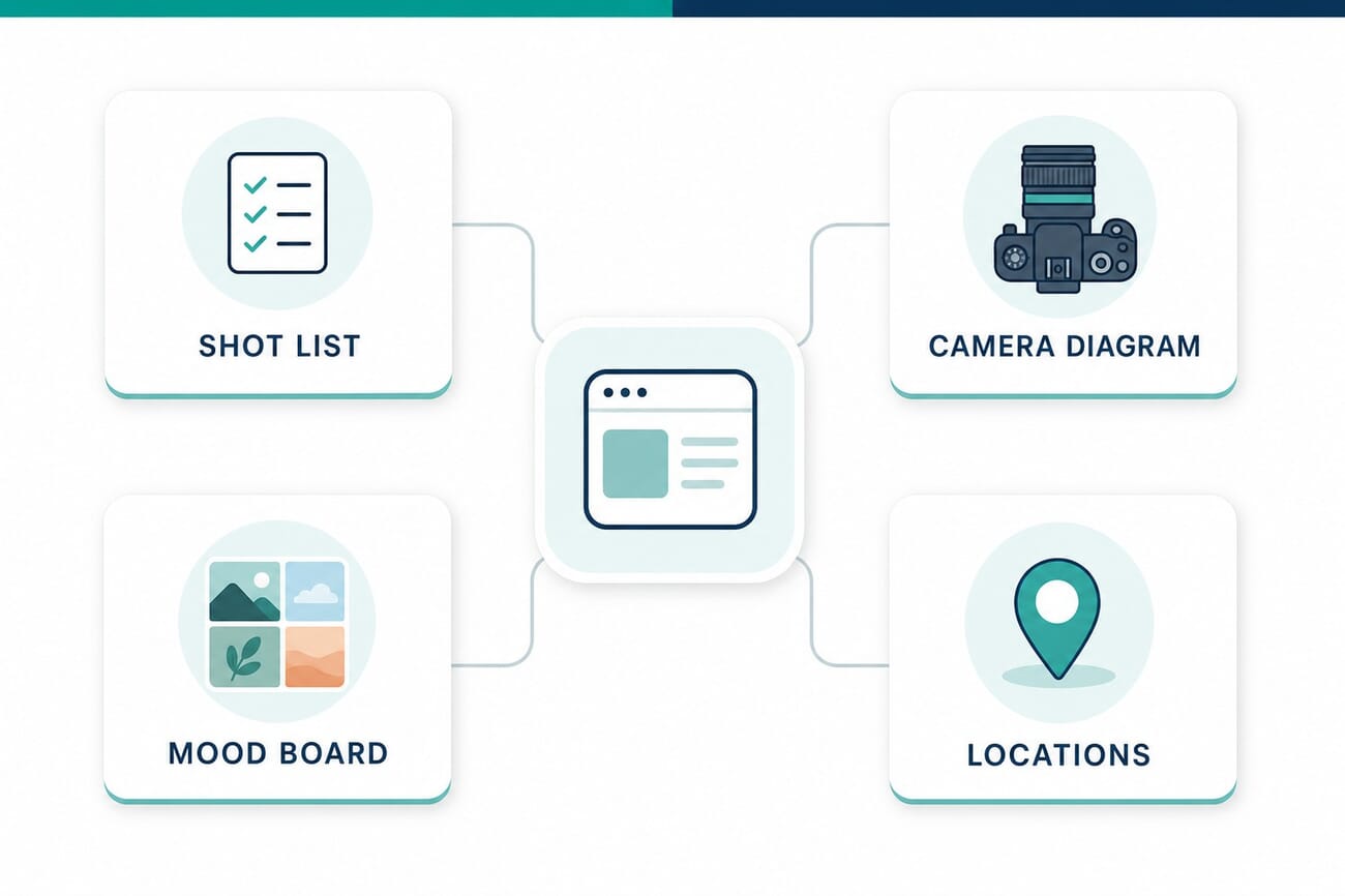 Infographic showing Cadrage Studio uniting shot lists, camera diagrams, mood boards and location scouting into one connected workspace
