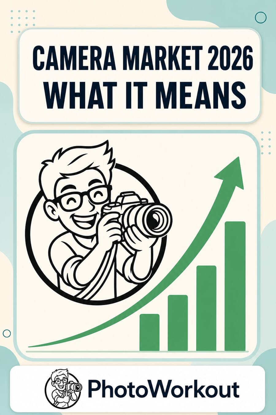 PhotoWorkout pin summarizing the 2026 camera market: production up across most categories