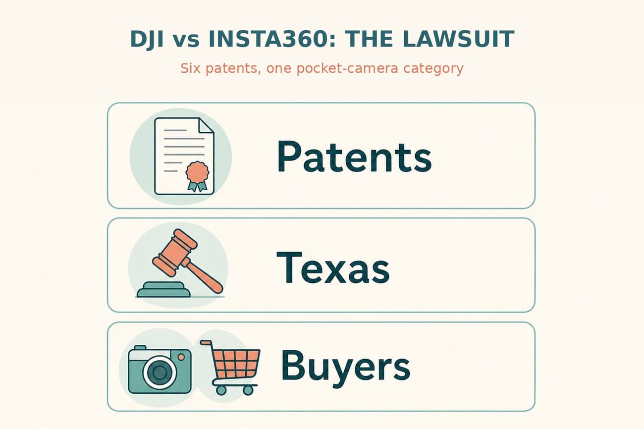 Infographic: the DJI vs Insta360 lawsuit in brief — six patents, filed in Texas, and what it means for buyers