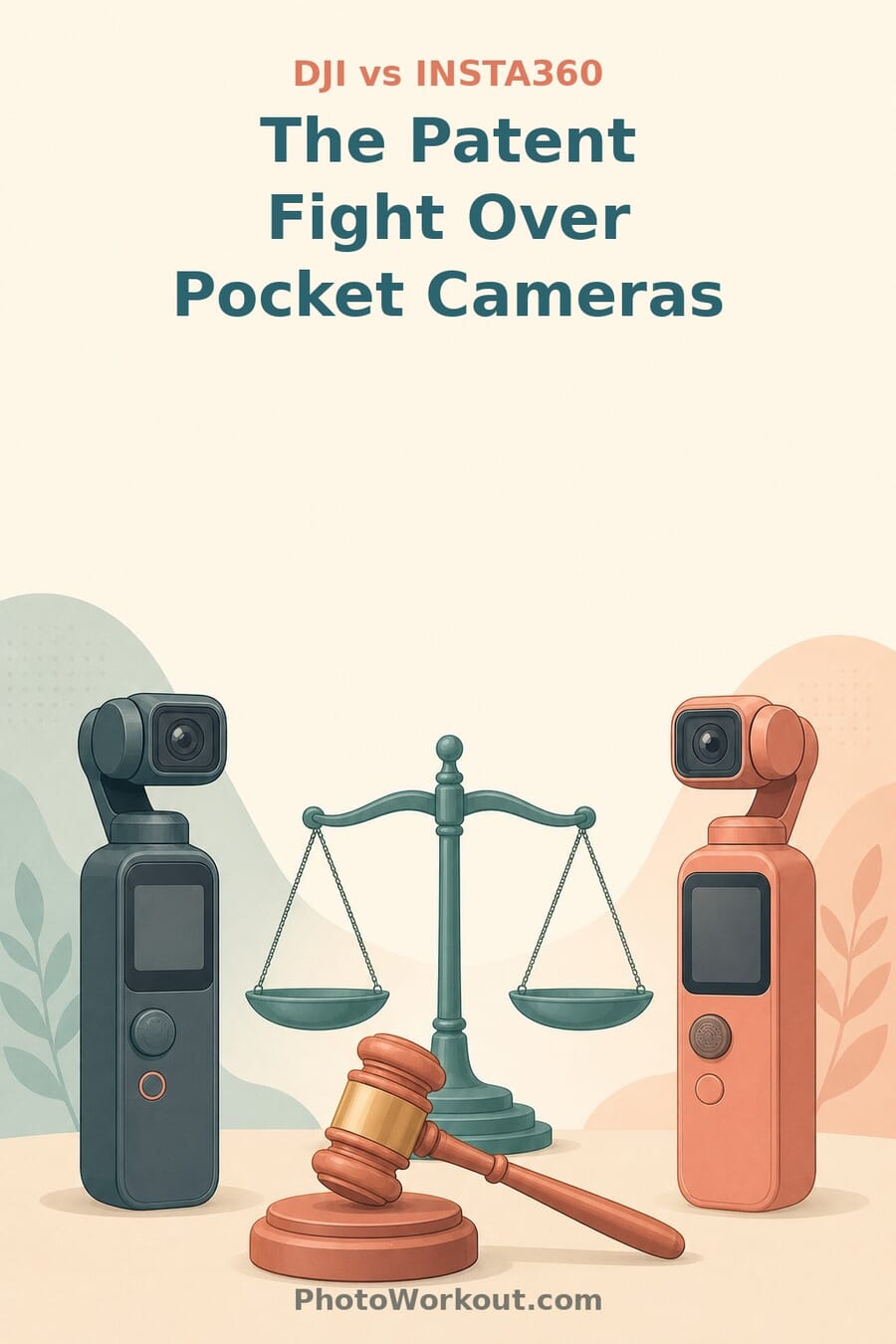Pinterest pin: the patent fight over pocket cameras, DJI versus Insta360, with two gimbal cameras and a gavel