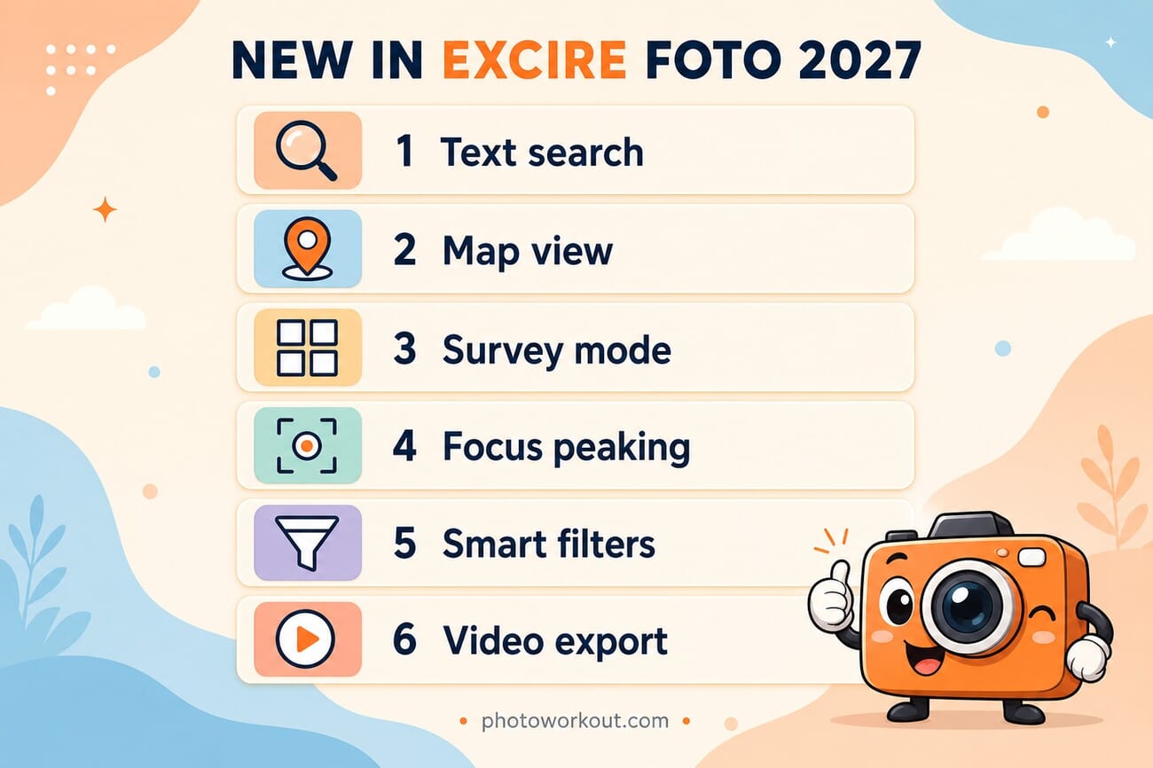 What's new in Excire Foto 2027: text search, map view, survey mode, focus peaking, smart filters, video export
