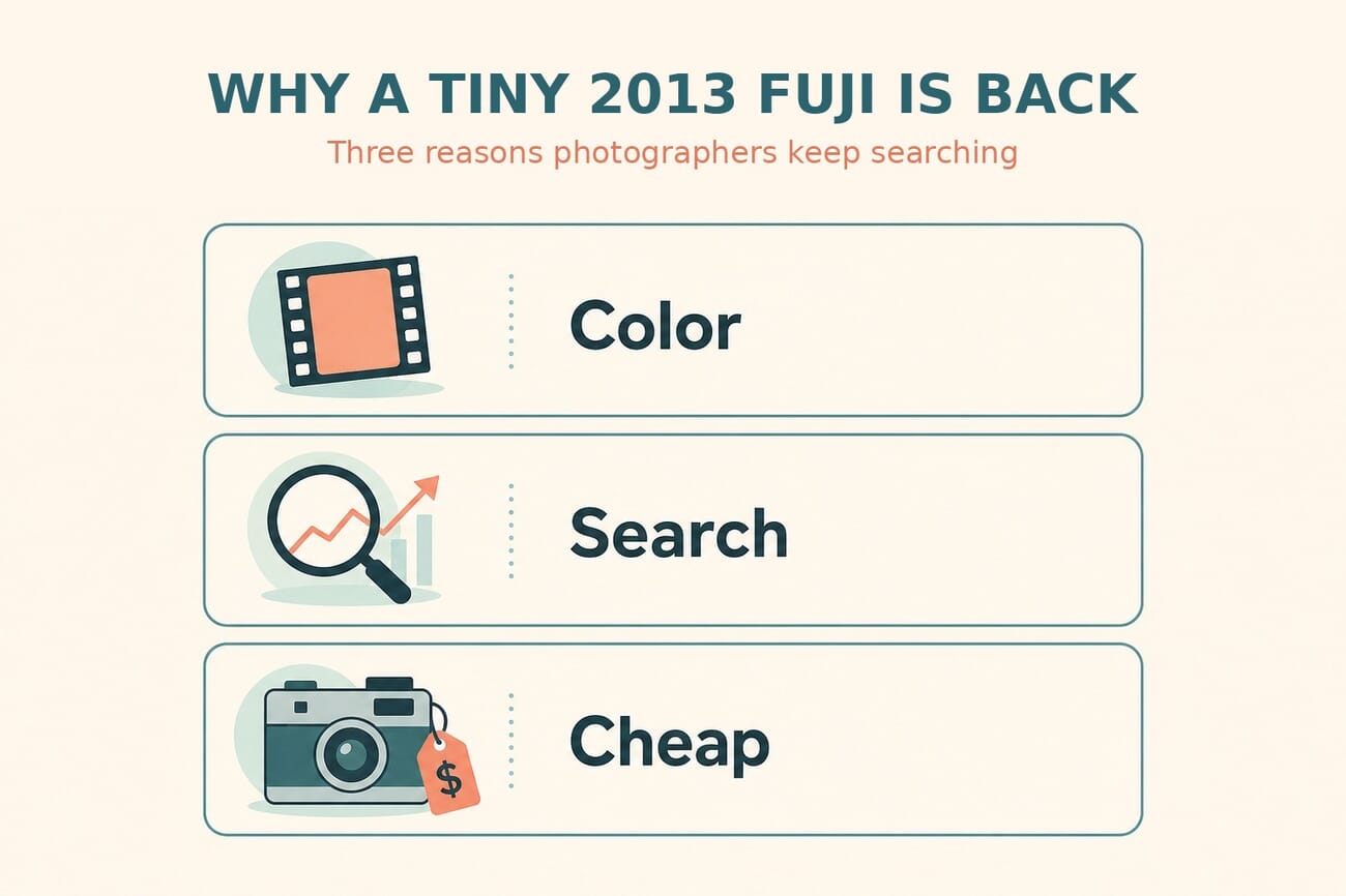 Infographic: three reasons a tiny 2013 Fujifilm compact is trending — color (film simulations), search (rising trend), cheap (low used price)