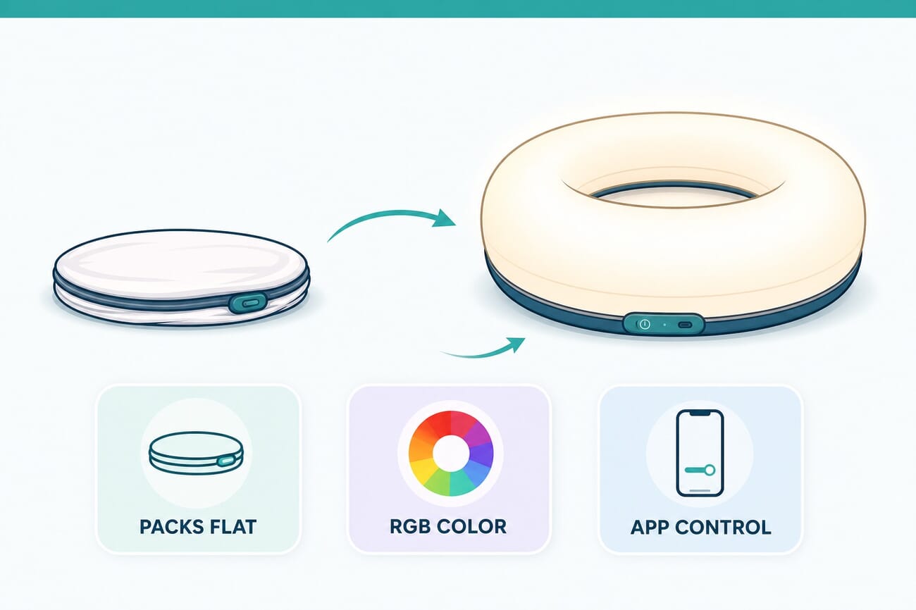 Infographic explaining the Godox inflatable light concept: inflate for a large soft source, deflate to pack flat, RGB color, CRI 96, app control