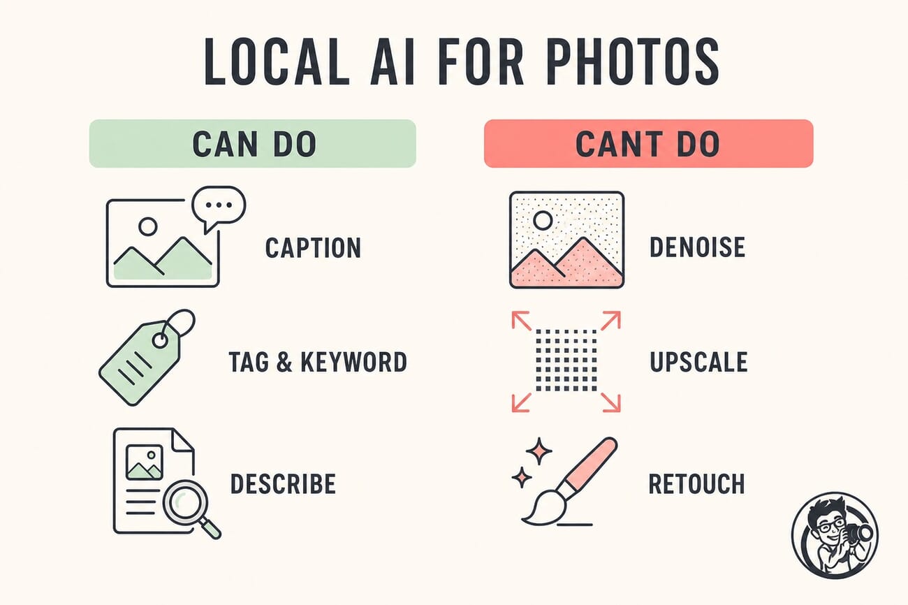 Local AI for photos: can caption, tag, and describe images; cannot denoise, upscale, or retouch