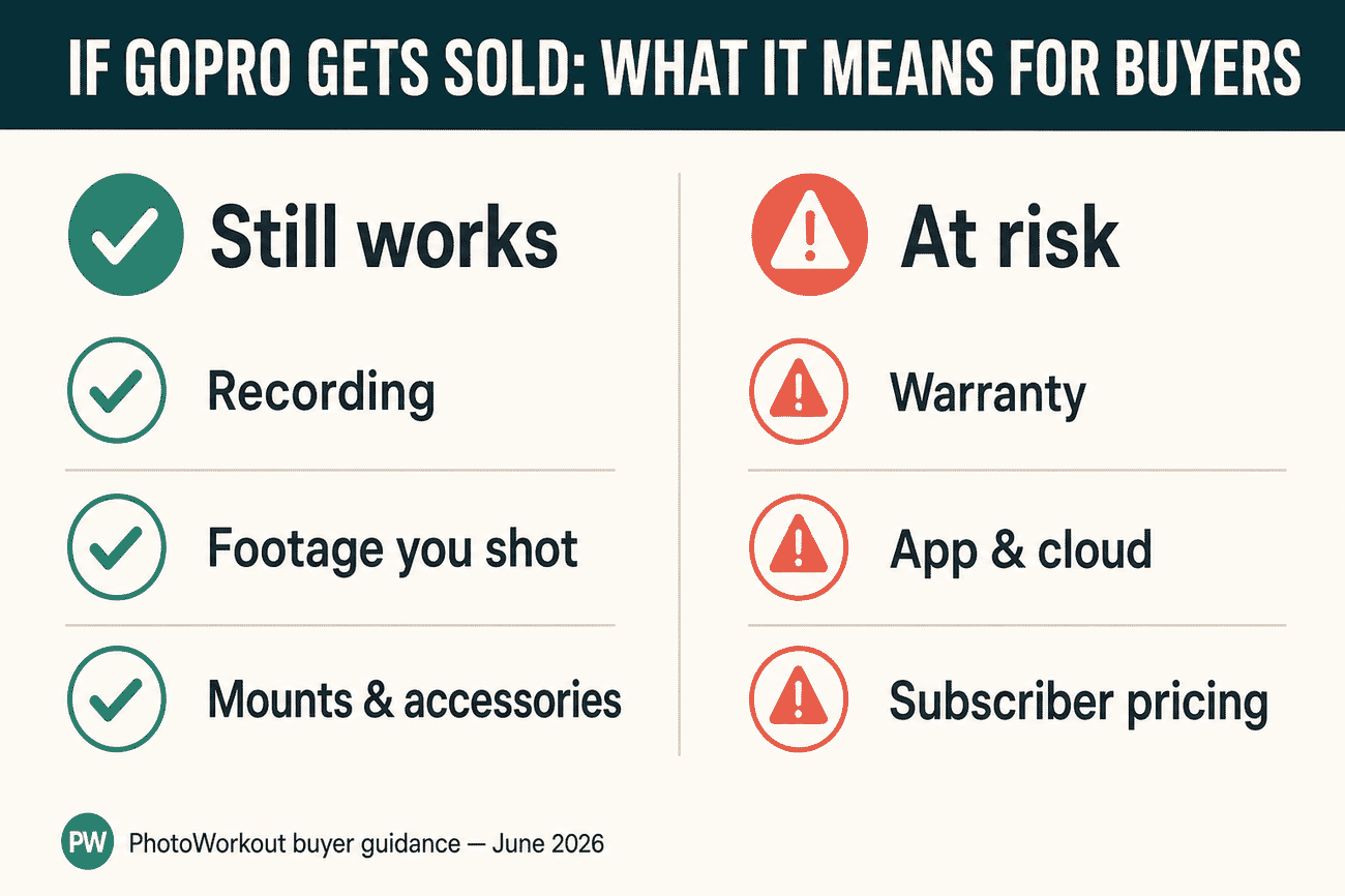 Buyer guidance infographic: if GoPro is sold, recording, your footage and mounts still work, while warranty, the app and cloud, and subscriber pricing are at risk