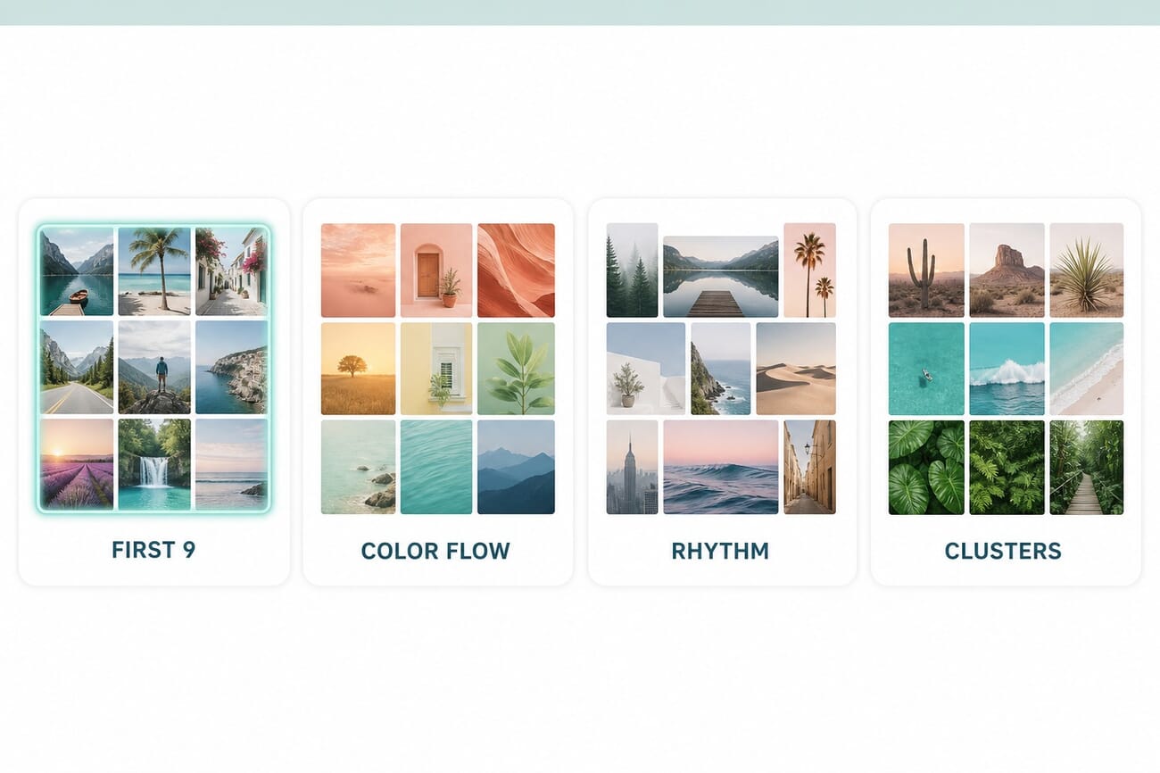 Instagram grid curation patterns: strong first nine, color flow, alternating portrait and landscape, and subject row clusters