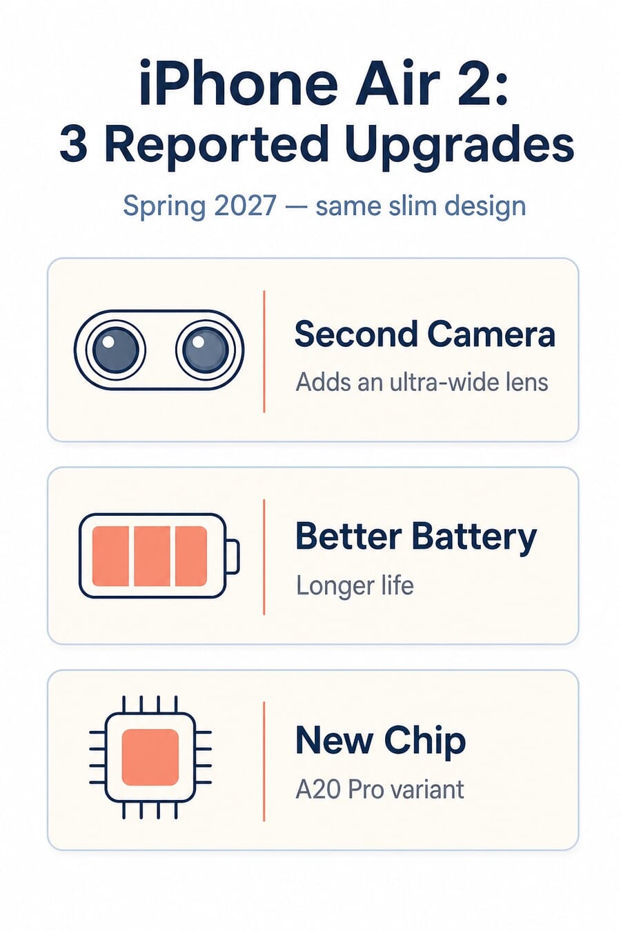 Infographic: iPhone Air 2's three reported upgrades — second camera (ultra-wide lens), better battery, and an A20 Pro variant chip, spring 2027