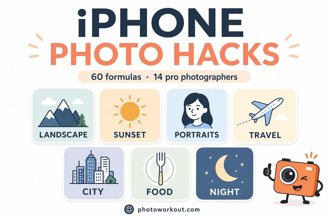 iPhone Photo Hacks — 60 formulas across 7 subject modules: landscape, sunset, portraits, travel, city, food, night