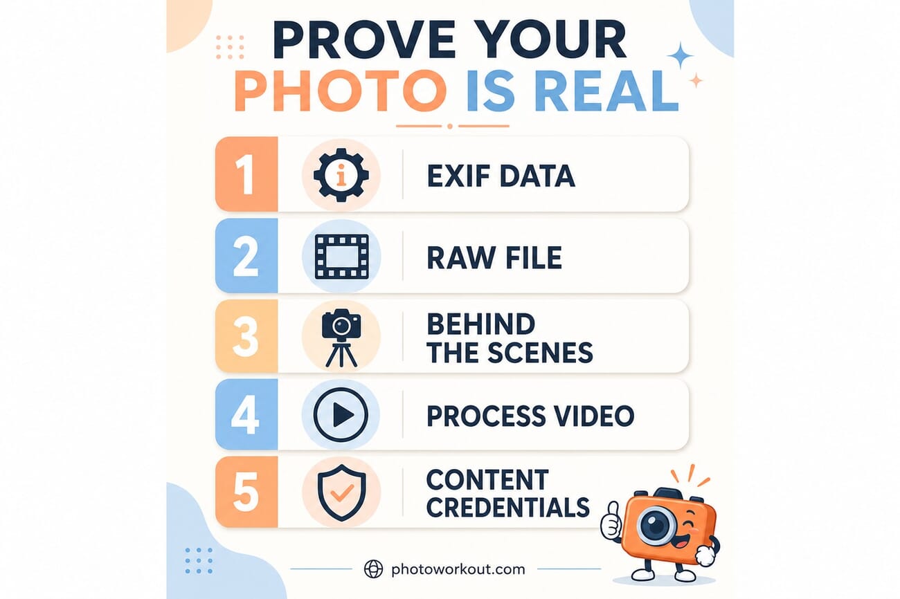 Five-step checklist to prove a photo is real: EXIF data, RAW file, behind the scenes, process video, Content Credentials