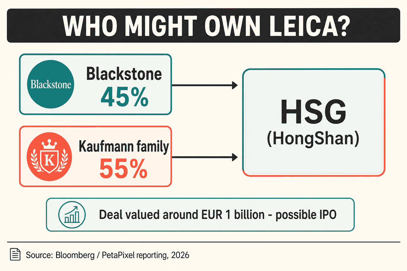 Ownership infographic: Blackstone 45 percent and the Kaufmann family 55 percent of Leica, with HSG (HongShan) as the leading bidder, deal valued around €1 billion with a possible IPO