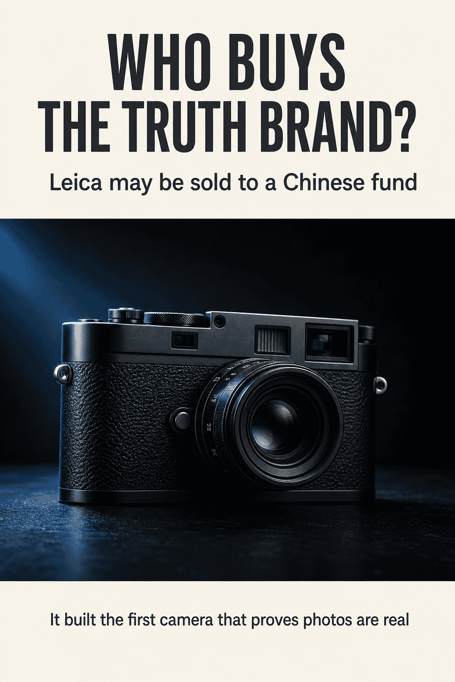 Vertical graphic reading who buys the truth brand, Leica may be sold to a Chinese fund, it built the first camera that proves photos are real