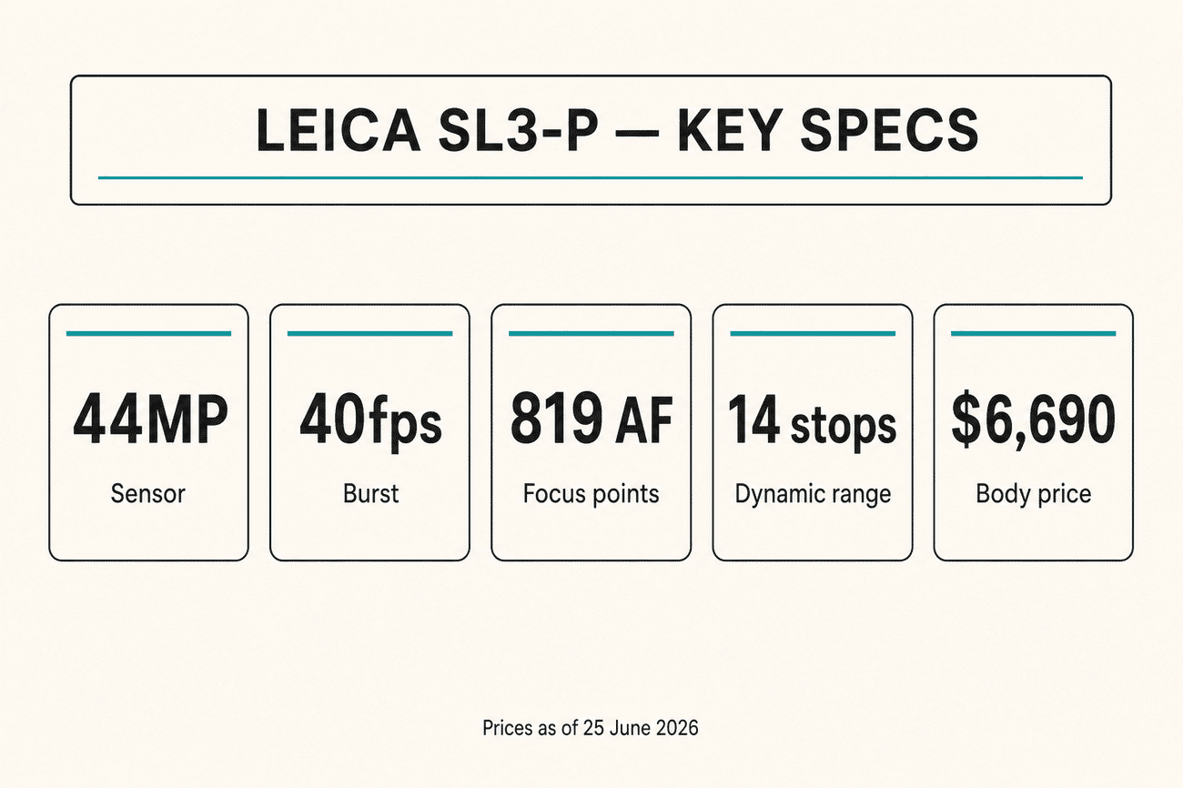 Infographic of Leica SL3-P key specs: 44MP sensor, 40fps burst, 819 autofocus points, 14 stops dynamic range, $6,690 body price