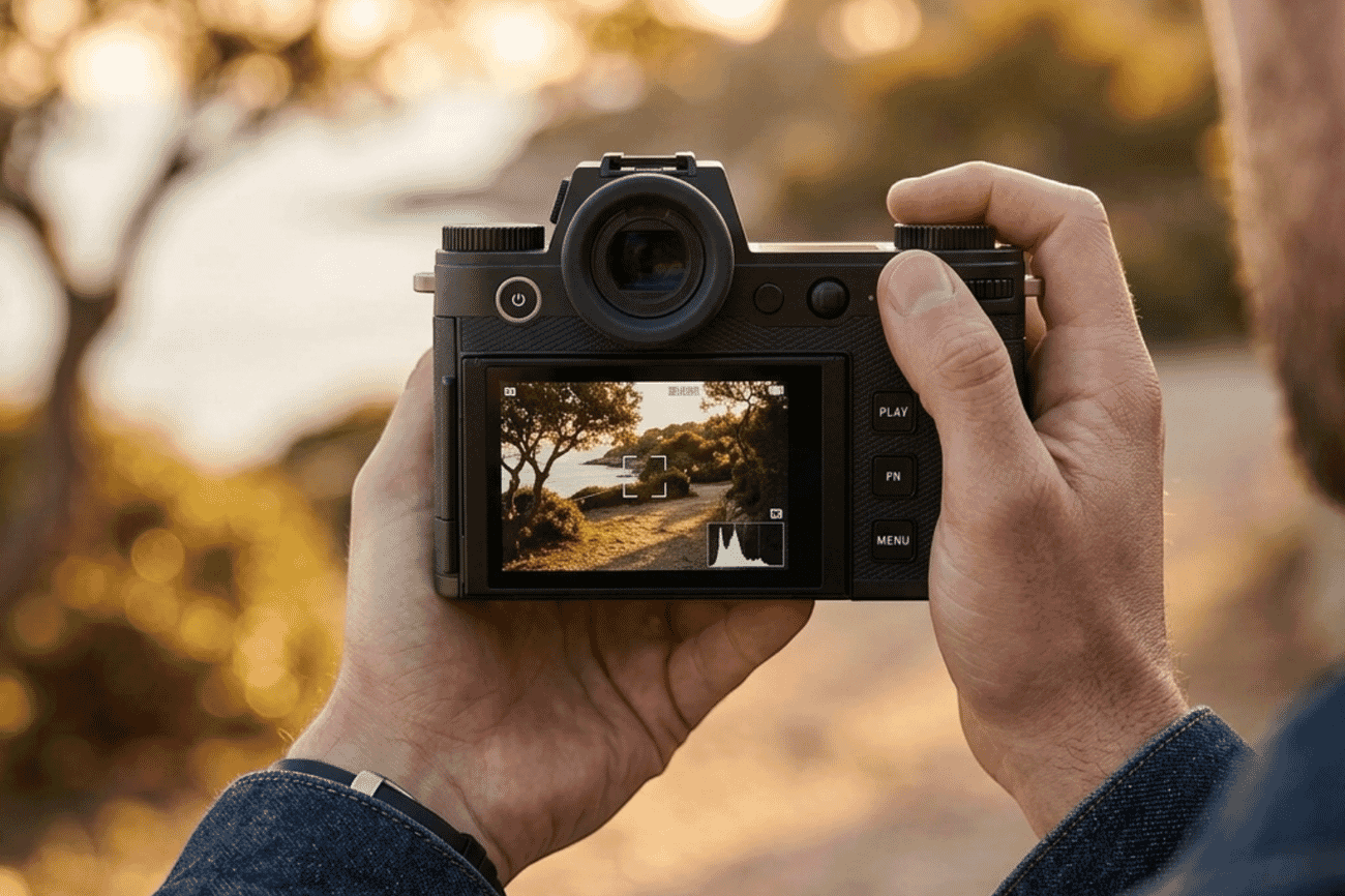 Rear view of the Leica SL3-P held in two hands while composing a shot outdoors, showing the tilting screen and control layout