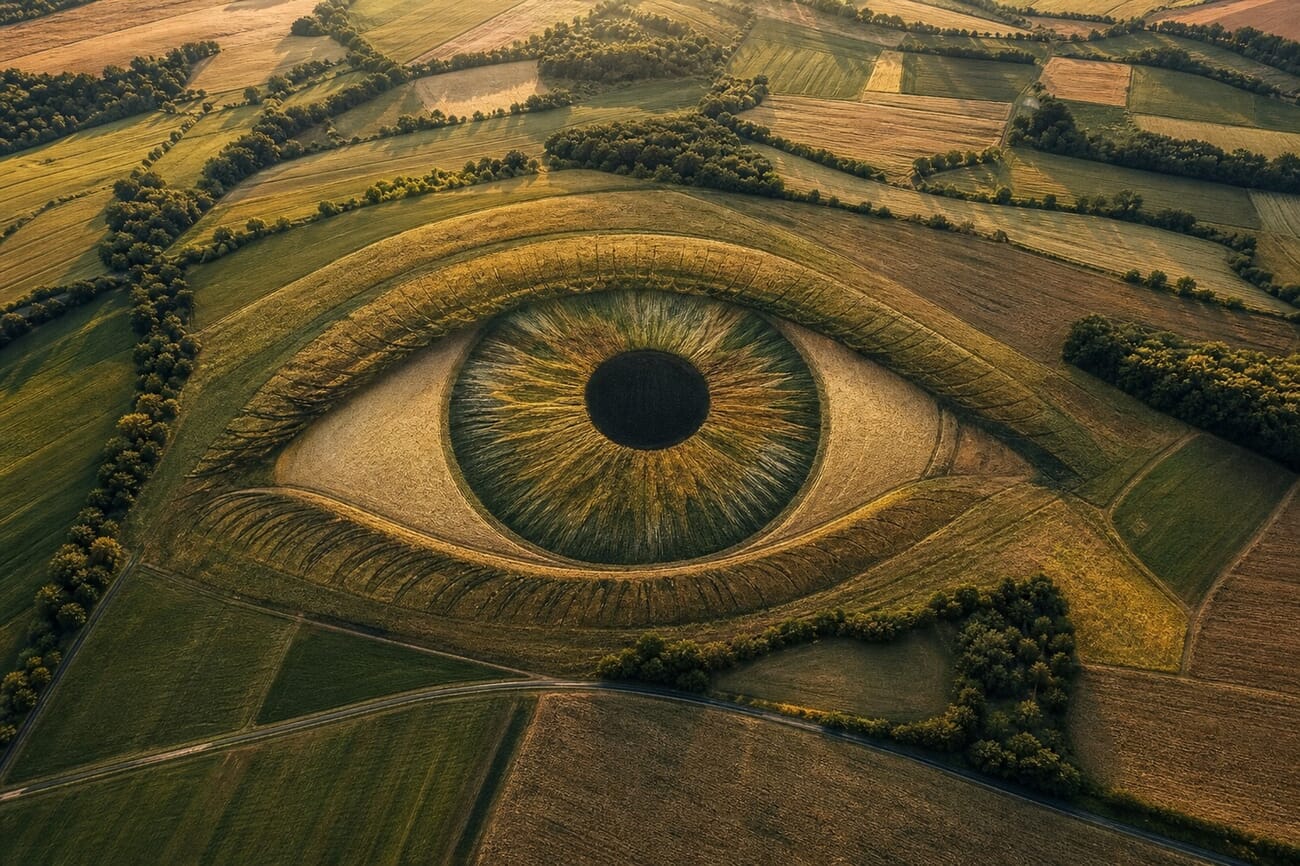 An aerial illustration of a giant human eye formed from different-coloured crops in a farm field