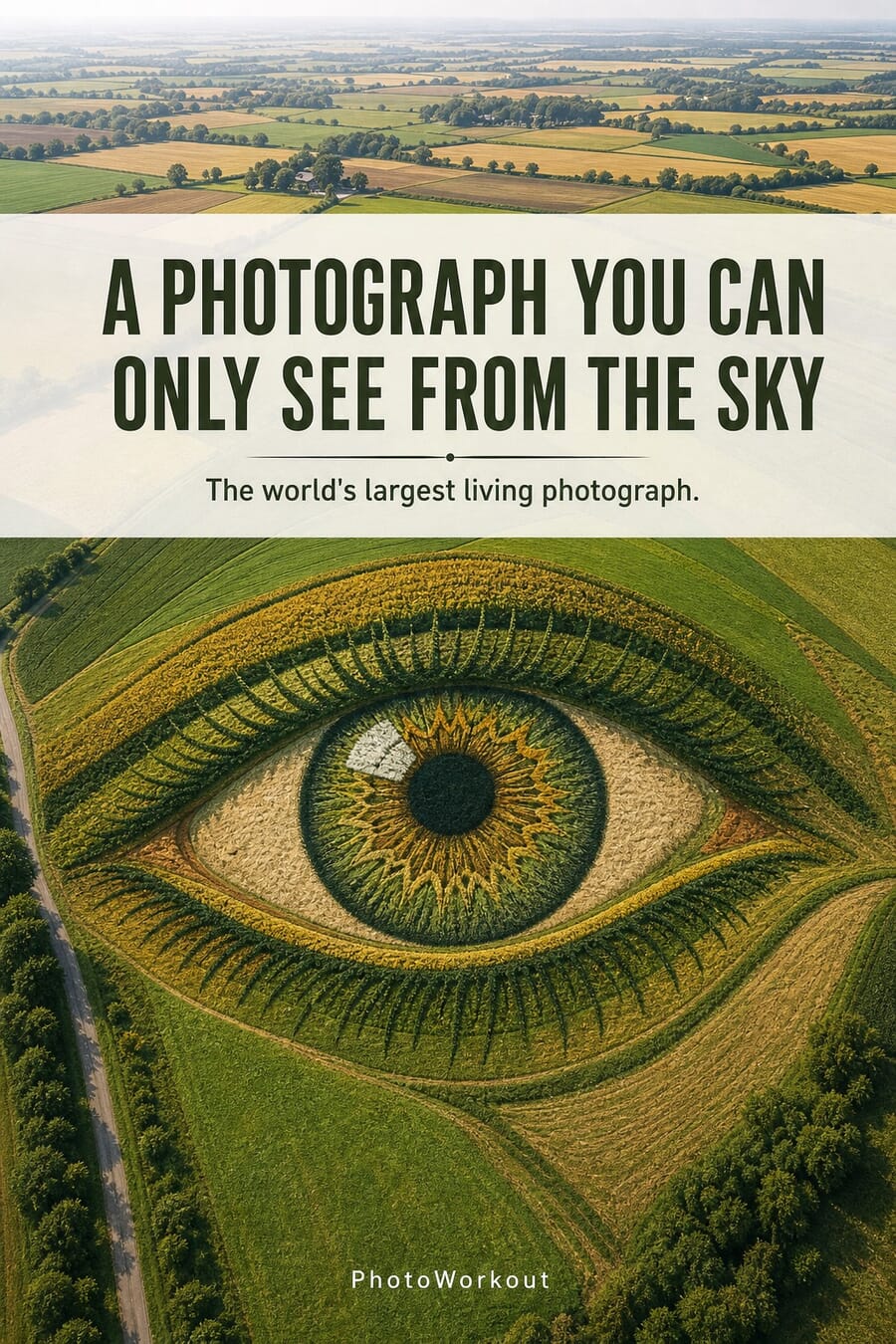 The world's largest living photograph - a giant eye grown in a crop field, visible only from the sky