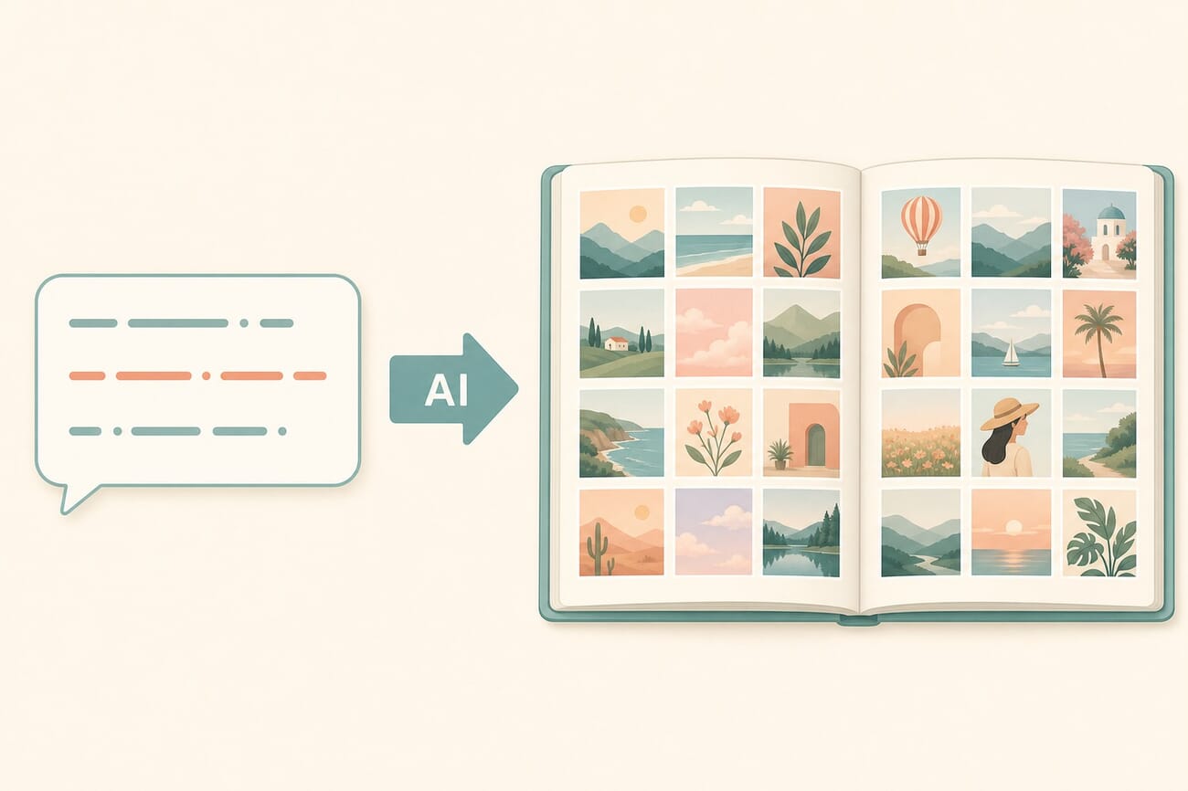 Concept illustration: a typed description on the left becomes an auto-designed open photo book on the right, labeled AI