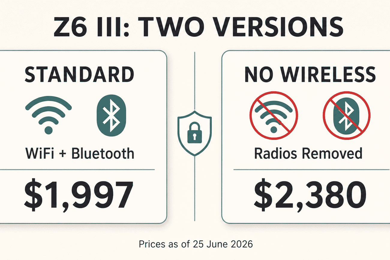 Comparison infographic showing the standard Nikon Z6 III with Wi-Fi and Bluetooth at $1,997 versus the No Wireless variant with radios removed at $2,380