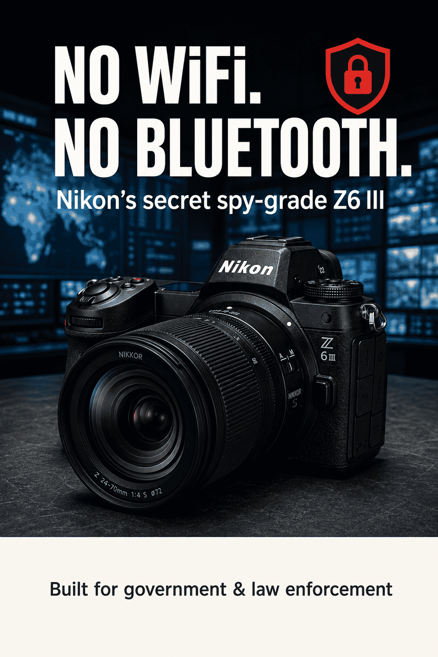 Vertical graphic reading No WiFi No Bluetooth, Nikon secret spy-grade Z6 III, built for government and law enforcement