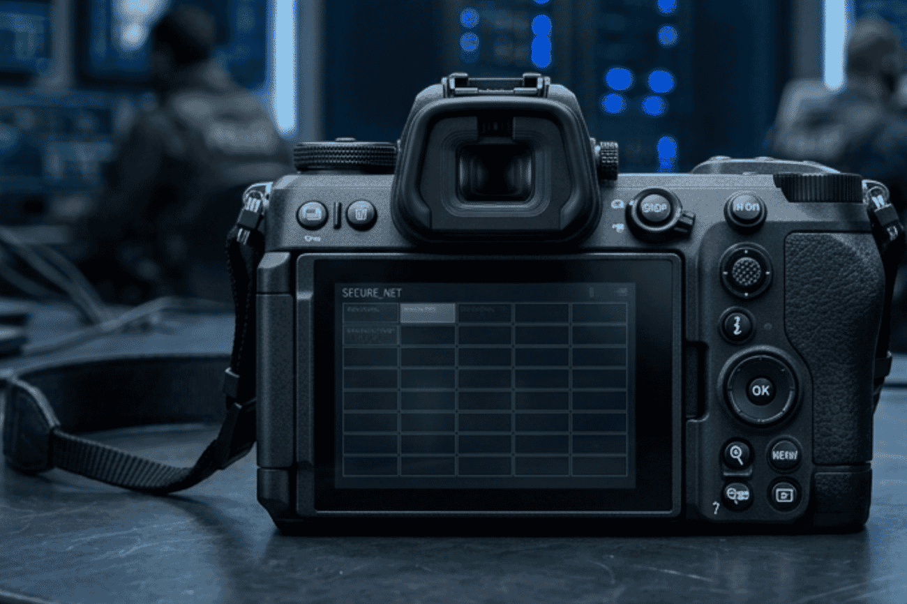 Rear view of the Nikon Z6 III on a desk inside a dim secure operations room with monitoring screens in the background